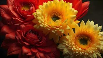 AI generated beautiful bouquet of red and yellow gerberas on black background. generative ai photo