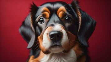 ai generado retrato de un bernés montaña perro en un rojo antecedentes. generativo ai foto