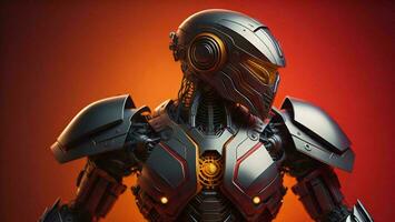 AI generated Cyborg in armor on a red background. generative ai photo