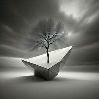 ai generado resumen ilustración de árbol en origami estilo, negro y blanco. generativo ai foto