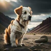 AI generated Golden Retriever dog sitting in the desert with mountains in the background. generative ai photo