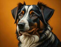 AI generated Portrait of a Bernese mountain dog on a yellow background. generative ai photo