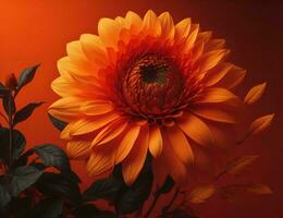 ai generado hermosa naranja dalia flor en un oscuro rojo antecedentes. generativo ai foto