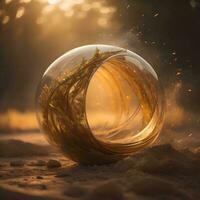 AI generated Crystal ball in the snow at sunset. generative ai photo