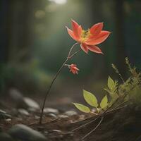AI generated Beautiful red flower in the dark forest. Vintage style photo. generative ai photo