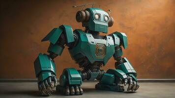 AI generated Green robot toy on a brown background. generative ai photo