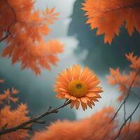AI generated Beautiful orange flower on a background of the autumn forest, vintage style. generative ai photo