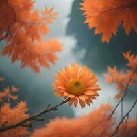 AI generated Beautiful orange flower on a background of the autumn forest, vintage style. generative ai photo