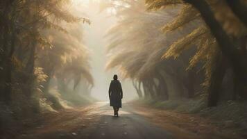 ai generado mujer caminando en el la carretera en el bosque con niebla y Dom rayos generativo ai foto