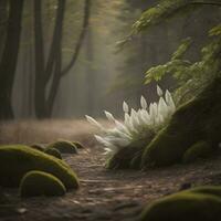 AI generated Fantasy forest with fog and tree trunks in the foreground. generative ai photo