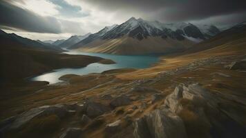 ai generado montaña paisaje con lago y nublado cielo. generativo ai foto