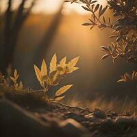 AI generated Autumn leaves in the forest at sunset. Shallow depth of field. generative ai photo