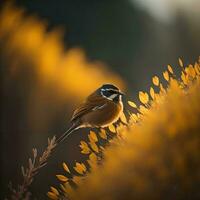 ai generado un pequeño pájaro se sienta en un rama en el otoño bosque. el foto estaba tomado a puesta de sol. generativo ai