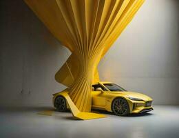 AI generated Yellow car wrapped in a yellow sheet of paper. generative ai photo