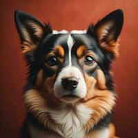 AI generated Portrait of a cute australian shepherd on a red background. generative ai photo