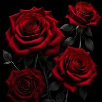 AI generated Beautiful red roses on a black background. Template for design greeting card, wedding invitation. generative ai photo