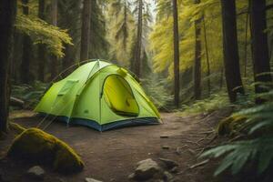 AI generated Camping tent in the forest with foggy background, vintage tone. generative ai photo