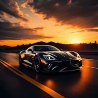 AI generated a concept sports car on the road at sunset. generative ai photo