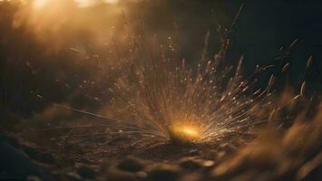 AI generated Sparks from a grinding machine at sunset. Metal industry. generative ai photo