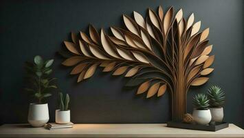 AI generated Wooden plant decoration in modern living room interior. generative ai photo