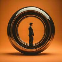 AI generated Businessman looking at a big circle on orange background. generative ai photo