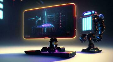 AI generated Futuristic cyberpunk vr headset with glowing hologram. generative ai photo