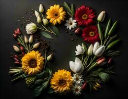 AI generated Flower wreath on black background. Flat lay, top view. generative ai photo