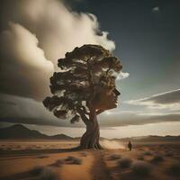 AI generated Conceptual image of human head with pine tree in the middle of the desert. generative ai photo