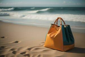 AI generated Orange bag on the beach with sea and sky background. Travel concept. generative ai photo