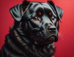 ai generado retrato de un negro Rottweiler en un rojo antecedentes. generativo ai foto