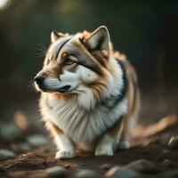 AI generated Alaskan Malamute sitting on the ground at sunset. generative ai photo