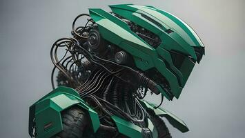 AI generated a green robot with wires isolated on grey background. generative ai photo