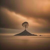 ai generado árbol en un montaña en el mar a puesta de sol. naturaleza composición. generativo ai foto