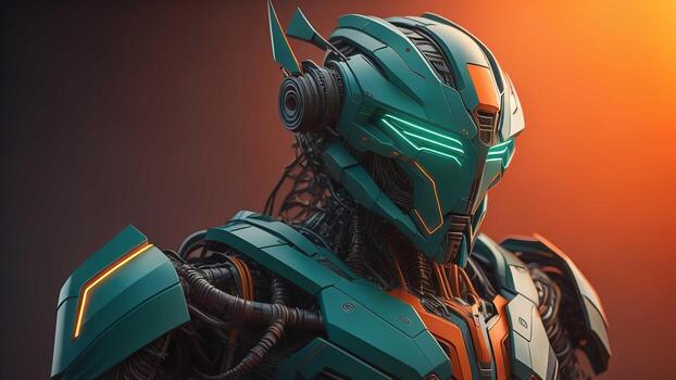 AI generated a robot with green and orange background with copy space. generative ai photo