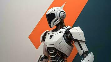 AI generated humanoid robot with helmet on grey and orange background. generative ai photo