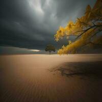 AI generated abstract yellow autumn tree on beach over dark stormy sky background. generative ai photo