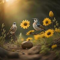 AI generated Birds sitting on a branch with yellow flowers in the forest. generative ai photo