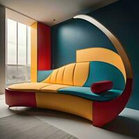 AI generated Interior of modern bright living room with blue and orange walls, concrete floor, comfortable sofa and window. generative ai photo