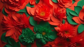 AI generated Red and green paper flowers background with copy space. generative ai photo