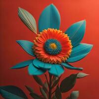 ai generado naranja y azul gerbera flor en rojo antecedentes. generativo ai foto