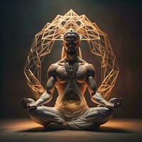 AI generated Man meditating in lotus pose with sacred geometry on background. generative ai photo