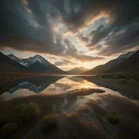 ai generado montaña lago a puesta de sol con reflexión en agua, generativo ai foto