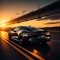 AI generated Sports car on the highway at sunset. generative ai photo