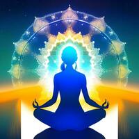 AI generated Vector illustration of beautiful yoga woman in lotus position on colorful background. generative ai photo