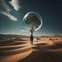 AI generated Businessman standing in the desert and looking at a tree in a glass sphere. generative ai photo