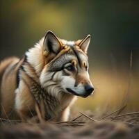 AI generated Portrait of a wolf in the autumn forest. Selective focus. generative ai photo