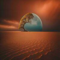 AI generated lonely tree in the desert at sunset, generative ai photo