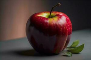 AI generated Red apple on a wooden table, shallow depth of field, vintage style. ai generated photo
