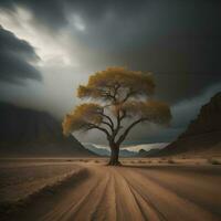 AI generated a lonely tree in the middle of the desert. generative ai photo