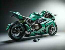 AI generated Turquoise super sport bike on a gray background. generative ai photo